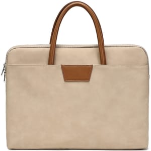 A beige suede PU leather laptop bag with brown handles and a zip closure, featuring a small logo on the side.