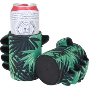A drink bottle holder with a green tropical leaf design, featuring a knuckle buster grip and a round base.