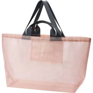 A large mesh beach tote bag in soft pink with dark grey handles, featuring a simple design and a logo.