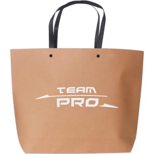 A small brown boutique paper bag with black handles and a logo. Features a simple, elegant design.