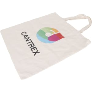 A short handle calico bag in cream, featuring a colourful logo. The bag is spacious and made of durable fabric.