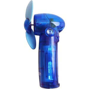 A transparent blue handheld fan with a small blade and a compact design. It features a logo on the side.