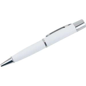 A metal pen flash drive in white with chrome accents. It features a cap and a sleek design with a logo.