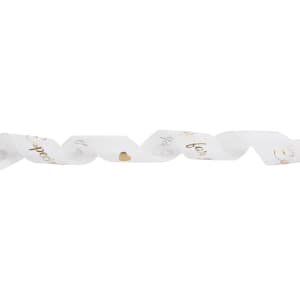 A roll of white organza ribbon with gold lettering and hearts, featuring a delicate, sheer texture.