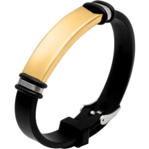 A sleek black and gold engraved bracelet featuring a polished centrepiece and a secure clasp.
