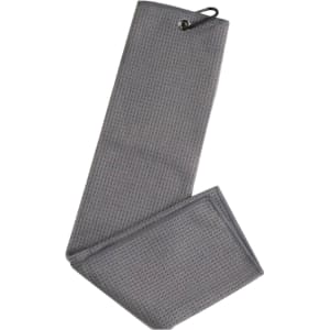 A grey waffle golf towel folded with a loop for hanging. Features a textured surface.