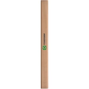 A grey-lead pencil with a natural wood finish and a small logo on the side.
