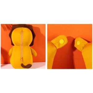 A lion-shaped plush travel pillow in yellow, featuring a zip closure and two button attachments on the sides.