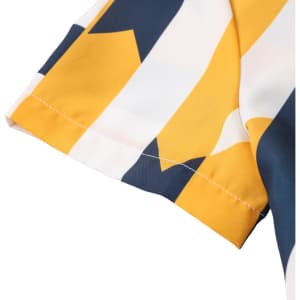 A close-up of a Women's polyester spandex Hawaiian shirt featuring bold yellow and navy patterns.