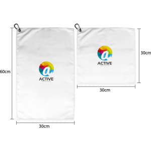 A white golf towel featuring a logo, with dimensions of 60cm by 30cm, and an additional smaller towel of 30cm by 30cm.