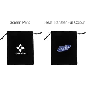 A black velvet drawstring bag with a logo, featuring screen print and heat transfer design options.