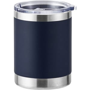 A drink bottle featuring a navy blue stainless steel body, double wall design, and a transparent lid. It has a logo on the side.