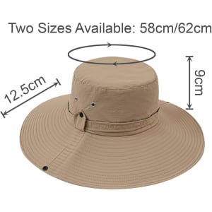 A wide-brim sun hat in a sandy colour with a circular design. Features measurement details for size options.
