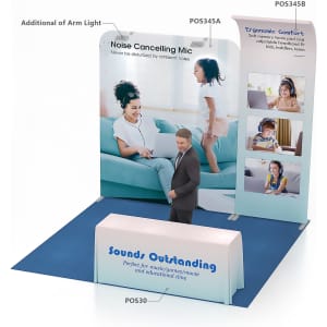 A curved fabric banner stand featuring a blue and light blue design with images of people using a noise cancelling mic.