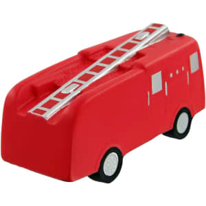 A red fire truck-shaped stress reliever with a silver ladder and black wheels, featuring a logo.