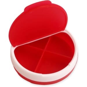 A round pill box in red and white, featuring four compartments and a hinged lid. It has a branding logo on the side.