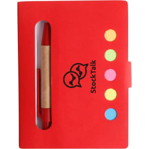 A red sticky notes holder with a pen and colourful sticky flags, featuring a logo on the front.