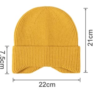 A yellow earflap beanie with ribbed texture, measuring 21cm in height and 22cm in width.