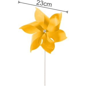 A yellow six-leaf pinwheel with a central connection, measuring 23 cm, attached to a white stick.