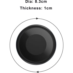 A round, black product with a diameter of 8.3 cm and a thickness of 1 cm, featuring a glossy finish.
