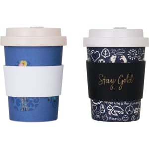 A drink bottle featuring two reusable bamboo coffee cups in blue and patterned black, with screw lids and sleeves.