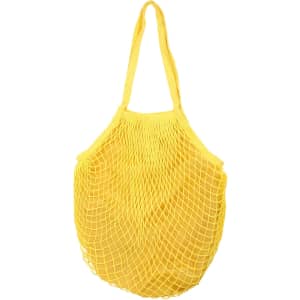 A yellow mesh grocery bag with a netted design and two handles for easy carrying.