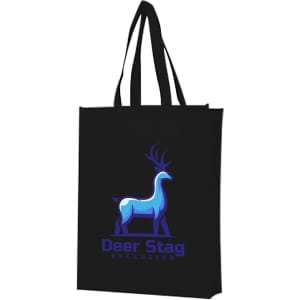 A black non-woven bag with a large gusset featuring a logo of a stylised deer.