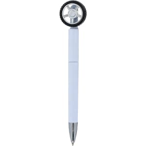 A fidget spin tire-shaped pen in white with a black wheel at the top and a silver clip.