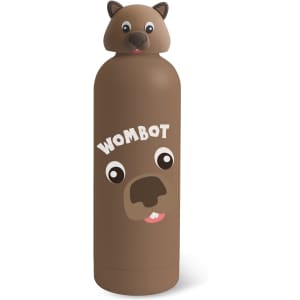A drink bottle featuring a whimsical brown design with an animal head top and a cartoonish face. Includes branding.