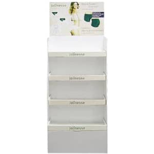 A white cardboard floor display with four shelves, featuring a branding logo at the top and empty space for products.