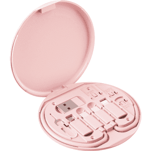 A pink circular case containing various charging cables and a USB connector, with a logo on the inside lid.