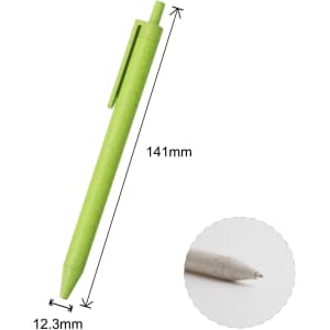 A green Wheat Straw ballpoint pen with a clip, measuring 141mm in length and 12.3mm in width.