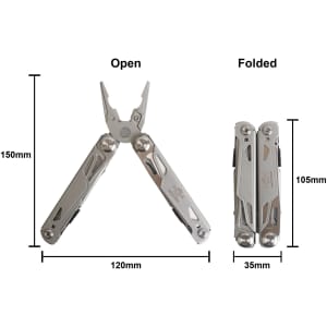 A silver multi-tool displayed open and folded, featuring pliers and various other tools. Includes dimensions for reference.