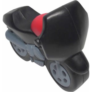 A black and grey motorbike-shaped stress reliever with a red seat, featuring a logo on the side.