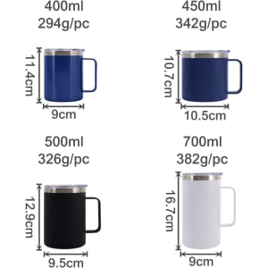A stainless steel cup with handle available in navy, black, and white, displayed in various sizes and measurements.