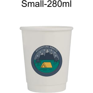 A white disposable paper cup with a printed camping design featuring mountains and a tent.