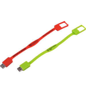 A slim silicone wristband flash drive in red and green, featuring a logo on each band.