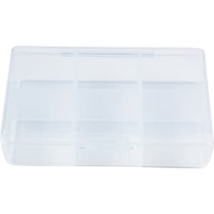 A clear, rectangular pill box with six compartments, featuring a hinged lid for easy access.