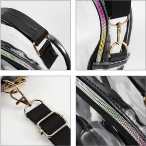 A clear PVC waterproof crossbody bag with black straps and gold hardware, featuring zippers and attachments.