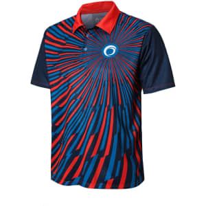 A navy, red, and blue polyester polo shirt with a bold radial design and a logo on the chest.