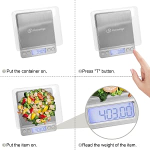 A rechargeable kitchen scale with a stainless steel surface and a digital display, featuring a hand placing food on it.