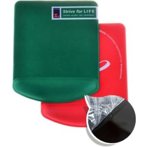 A rectangular gel pad in green and red, featuring a branding logo, with a black bottom.