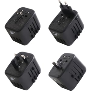 A universal travel adapter in black with multiple plug configurations and USB-C ports. It features a logo on the side.