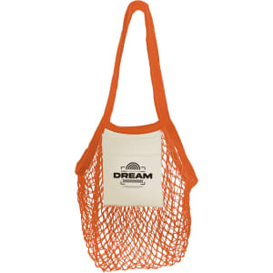A mesh tote bag with orange straps and a cream-coloured body, featuring a logo on the front.