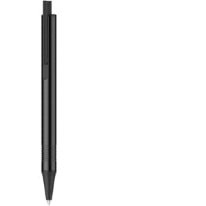 A black pen with a sleek design, featuring a clip and a fine point tip. The pen has a simple branding logo.