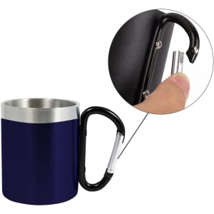 A drink mug featuring a navy blue exterior, stainless steel interior, and a black carabiner handle.