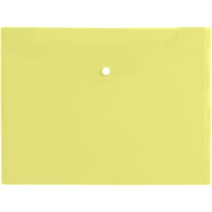 A4 clear file envelope in a bright yellow colour with a button closure and an embossed logo.
