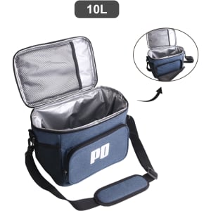 A cooler bag in blue with a silver interior and an adjustable strap, featuring a logo on the front.