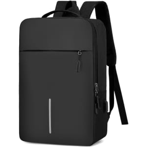 A black laptop backpack with USB charging feature, featuring a front zippered pocket and padded shoulder straps.