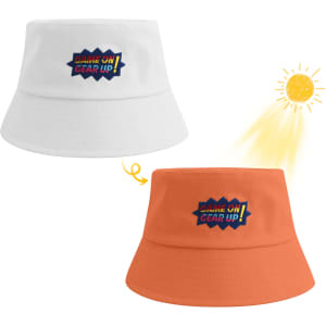 A colour changing bucket hat in white and orange, featuring a logo, designed for sunny days.